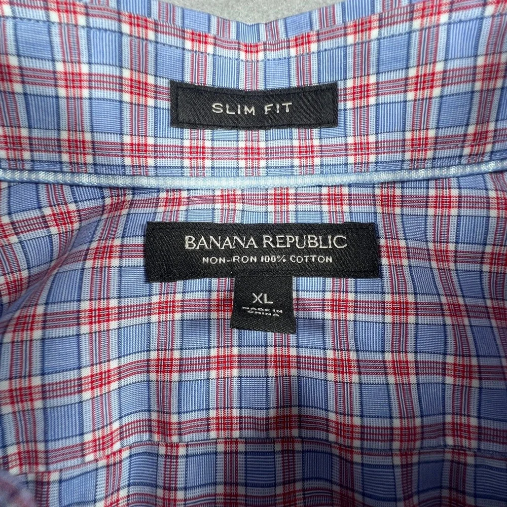 Banana Republic Mens XL Slim Fit Non-Iron Cotton Plaid Button Up Shirt Blue Red